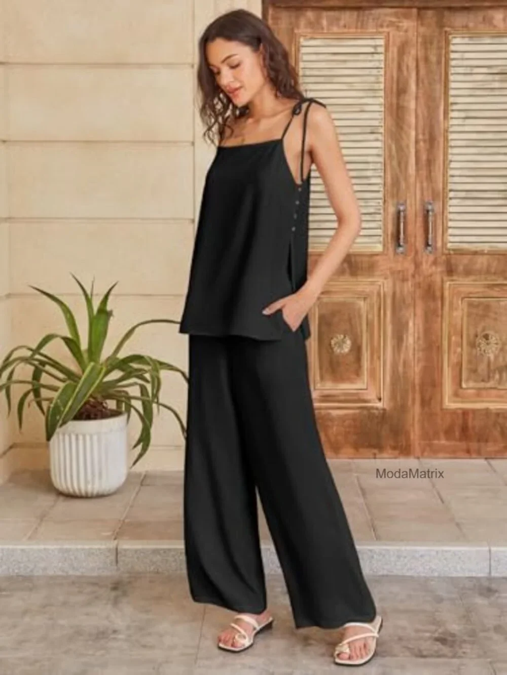 Women's 2 Piece Lounge Set Sleeveless Square Neck Top Wide Leg Pants with